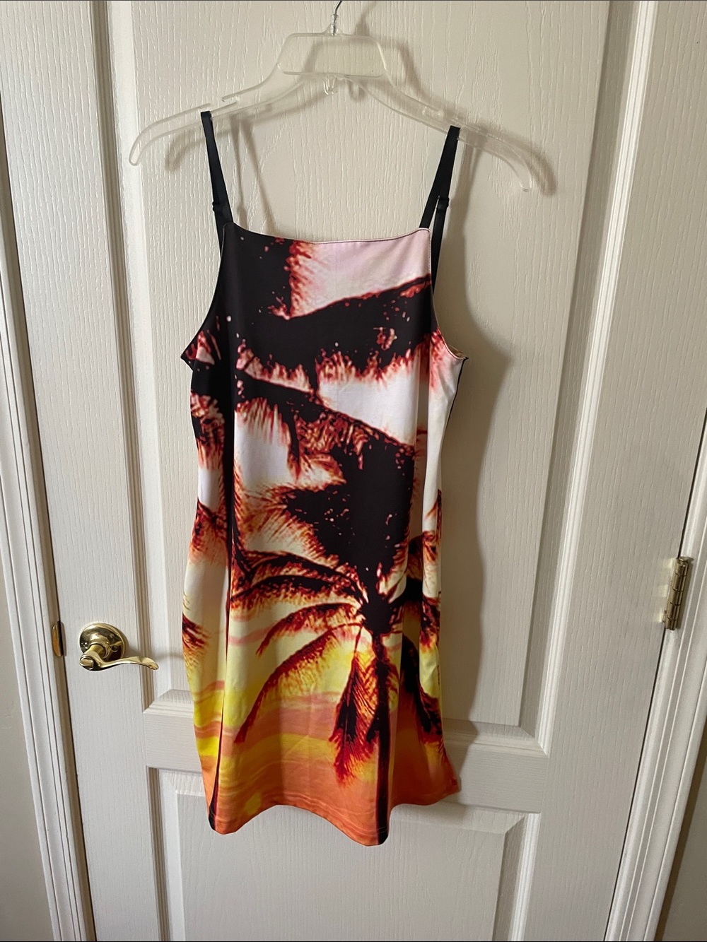 Rampage Sunset Palm Print Swim Coverup in Black, Orange, Yellow